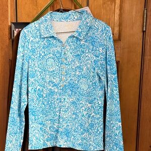 Lilly Pulitzer Blue and White Printed Long-Sleeve Polo Top